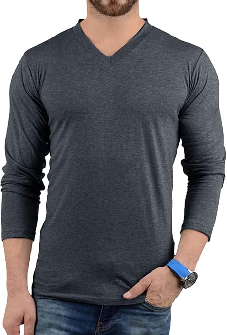 Plain Long Sleeve Shirt Men –  Soft Comfortable V Neck Full Sleeves Fashion Tees for Men