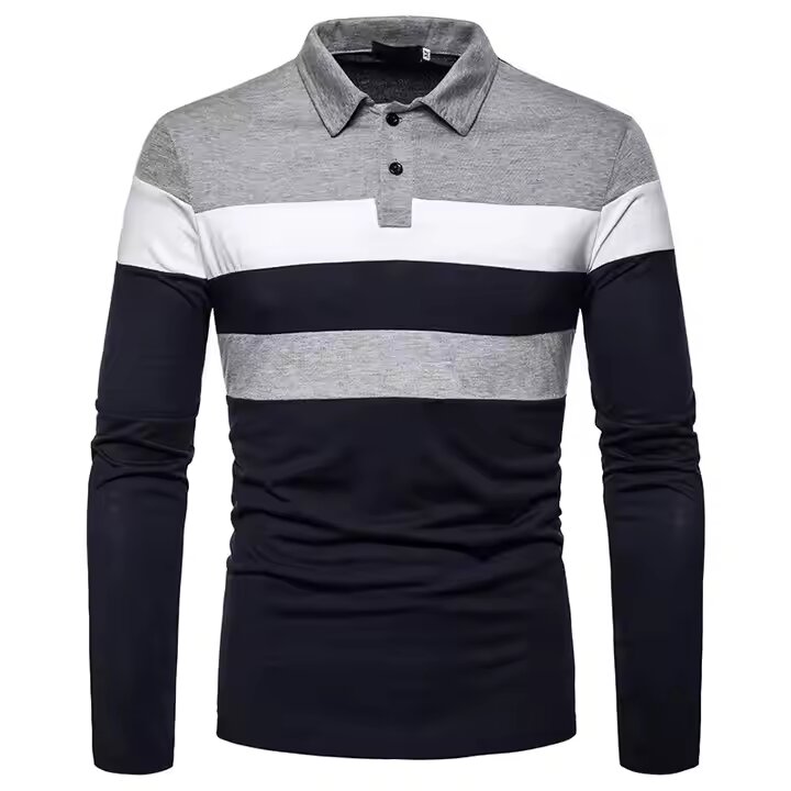 Polo Shirts Men Stripe Long Sleeve Mens Casual Fashion Contrast Color Business Casual Turn Down Collar Polo Shirts Male Tops