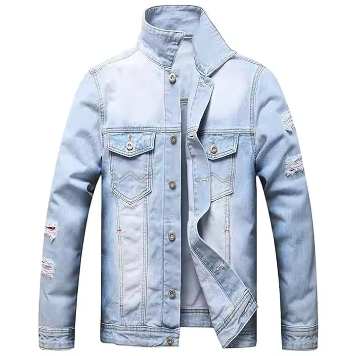 Custom Made Men’s Long Stretch Denim Jacket Men Jean Jacket Cotton Blue Winter Plain Denim Jacket For Men Plus Size