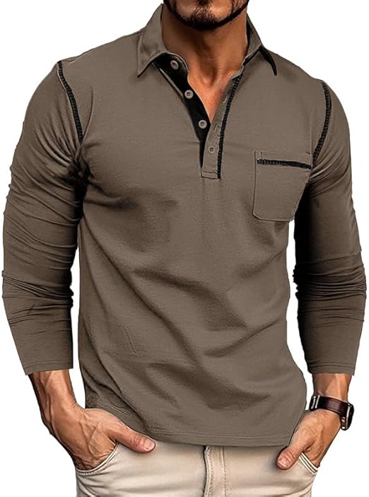 Men’s Casual Polo Shirts Classic Long Sleeve Basic Button T-Shirt Lightweight Cotton Golf Tops with Pocket