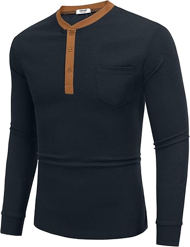 Henley Shirts Long Sleeve Basic Waffle Pique Pullover T-Shirt with Pocket