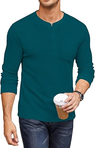 Men’s Henley Shirts Long Sleeve Basic Waffle Pique Pullover T-Shirt with Pocket