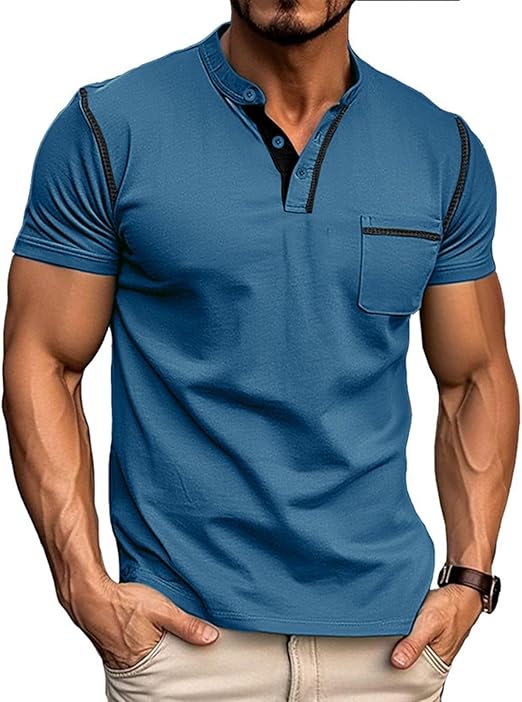 Men’s Fashion Henley Shirt Classic Short Sleeve Lightweight Button Cotton with Pocket T-Shirt Casual Top