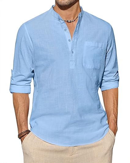 Mens Short Sleeve Henley Casual Shirt Summer Shirts Beach Shirts Banded Collar Shirt with Pocket