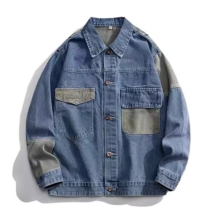 Oversized Washed Denim Jacket for Men – Casual Spring/Autumn Outerwear with Turn-Down Collar