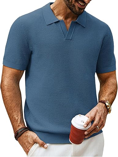 Mens Polo Shirts Short Sleeve V Neck Knit Textured Polo Casual Knitted Golf Shirt