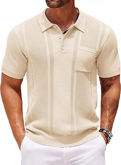 Knit Polo Shirts for Men Short Sleeve Textured Polo Shirt Slim Fit Summer Collared T Shirt with Pocket