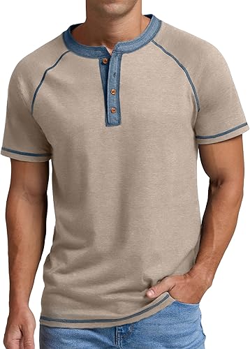 Mens Henley Short Sleeve T-Shirt Cotton Casual Shirt