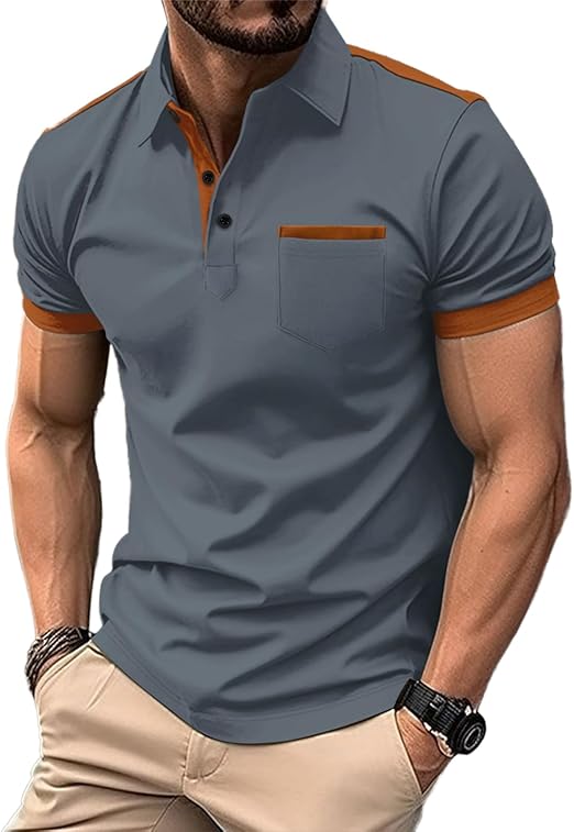 Mens Casual Polo Shirts Classic Short Sleeve Golf Shirt Fashion Button Cotton Top with Pocket