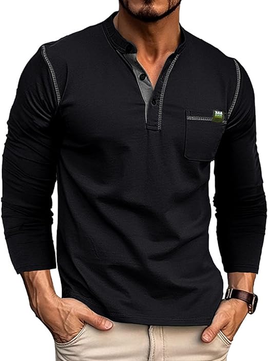 Men’s Fashion Henley Shirt Classic Long Sleeve Lightweight Button Cotton T-Shirt with Pocket Casual Top